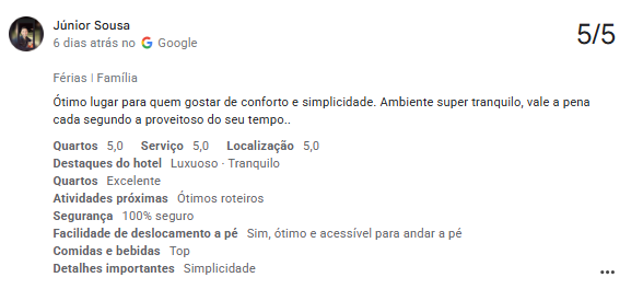 Print de avaliação de Júnior Sousa no Google: nota 5 de 5, destacando conforto, tranquilidade e simplicidade